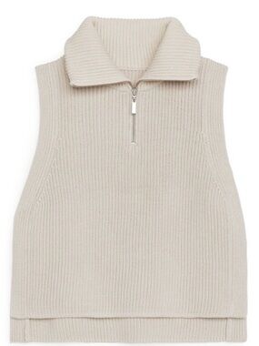 Arket Cream Ribbed Sleeveless Half-Zip Sweater Vest One Size Wool & Cotton